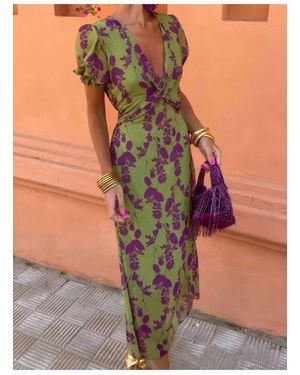 Everyday the Label Printed Plunge Short Sleeve Midi Dress - Green