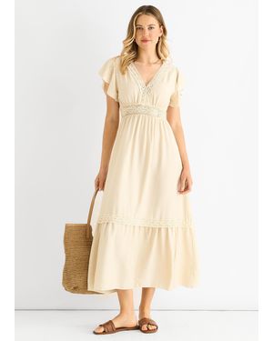 Gini London Crochet Lace Panel Elasticated Waist Midi Dress - Natural