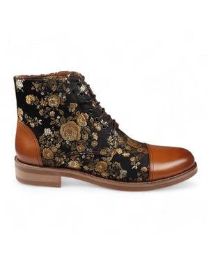 Justin Reess Floral Print Leather Oxford Ankle Boots - Brown