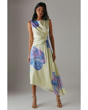 Warehouse Printed Satin Sleeveless Knot Front Asymmetric Hem Midi Dress - Multicolour