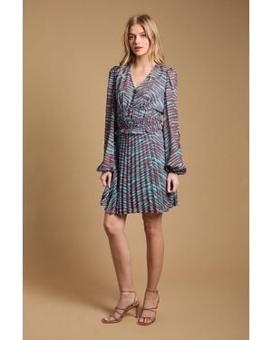 Oasis Printed Pleated Skirt Long Sleeve Mini Dress - Blue