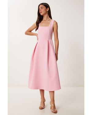 Happiness İstanbul Square Collar A-Form Midi Dress With Zipper Closure - Pink