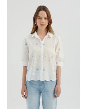 Hiccup Flowers Embroidered Short Sleeve Relaxed Cropped Shirt - White