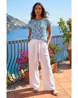 Roman Leaf Print Bobble Trim Tee - Blue