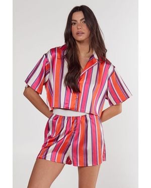 Nasty Gal Satin Multi Stripe Cropped Shirt And Shorts Pyjama Set - Red