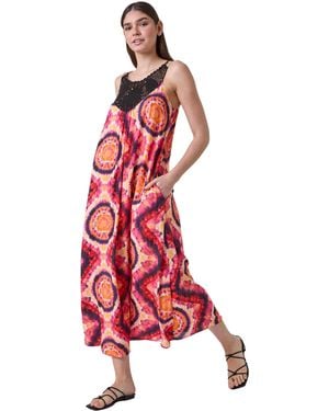 Roman Tie Dye Crochet Detail Pocket Midi Dress - Red
