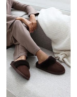 Where's That From Wheres 'Comfort' Slip On Slippers With Fur Trim Suede - Grey