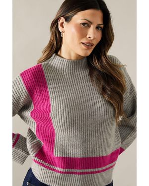 Wallis Colourblock Stripe Detail High Neck Jumper - Pink