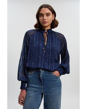 Karen Millen Print Shirred Detail Dobby High Neck Woven Blouse - Blue