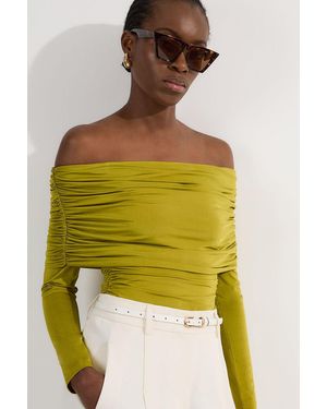 Karen Millen Drapey Slinky Jersey Bardot Long Sleeve Bodysuit - Yellow