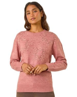 Roman Star Detail Hotfix Crew Neck Jumper - Red