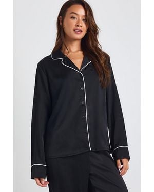 Boohoo Tall Satin Piping Detail Long Sleeve Shirt & Trousers Pyjama Set - Black
