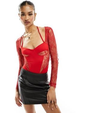 ASOS Lace Insert Corset Bodysuit With Shrug Detail - Red
