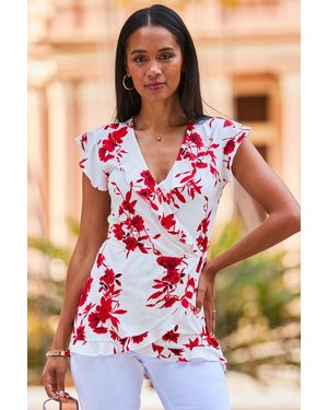 Sosandar Ivory & Print Ruffle Faux Wrap Top Denim - Multicolour