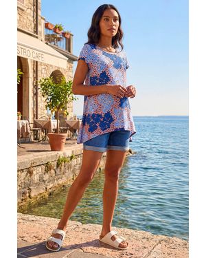 Roman Leaf Print Hanky Hem Tunic Top - Blue