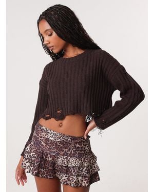 Pink Vanilla Distressed Crop Knit Jumper - Brown
