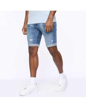 Crosshatch Riptrey Scratch Detail Denim Shorts - Blue