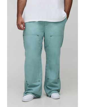 BoohooMAN Plus Slim Fit Washed Raw Hem Carpenter Flared Trousers - Blue