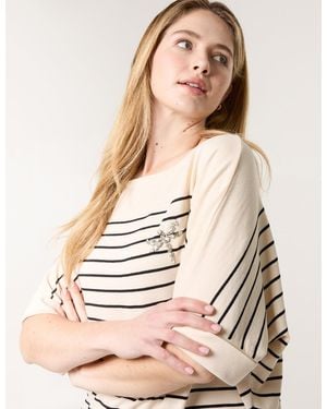 Blue Vanilla Horizontal Striped Top With Brooch - Natural