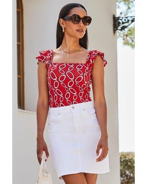 Sosandar Chain Print Square Neck Ruffle Sleeve Top Denim - White