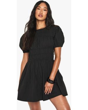 Boohoo Cotton Poplin Shirred Mini Dress - Black