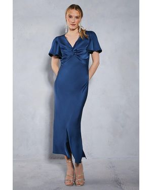 Oasis Satin Twist Front Angel Sleeve Midi Bridesmaids Dress - Blue