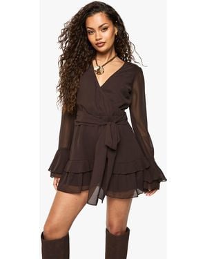 Boohoo Flare Sleeve Chiffion Wrap Playsuit - Brown