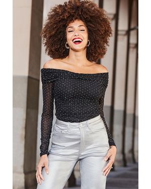 Sosandar Luxe Sparkle Mesh Bardot Top - Grey