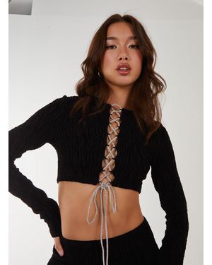 Pink Vanilla Rhinestone Zebra Lace Up Top - Black