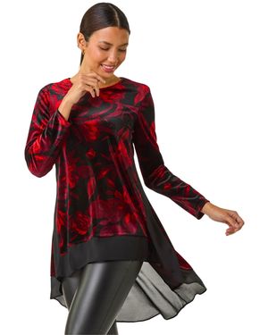 Roman Velvet Rose Print Chiffon Hem Top - Red