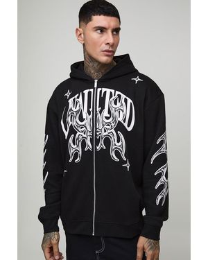 BoohooMAN Tall Oversized Zip Through Limited Graphic Hoodie - Black