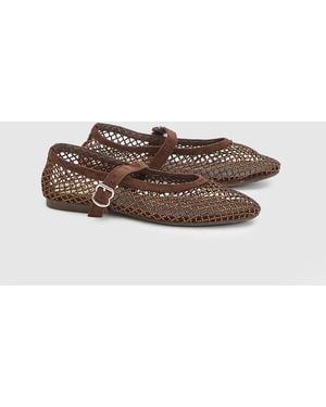Faith Shelly Faux Leather Netted Rhinestone Ballet Flats - Brown