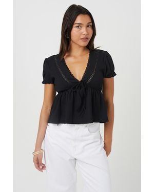 Brave Soul Bow Detail V-Neck Short Sleeve Top - Black