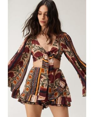 Nasty Gal Floral Stripe Frill Hem Wrap Skort - Brown