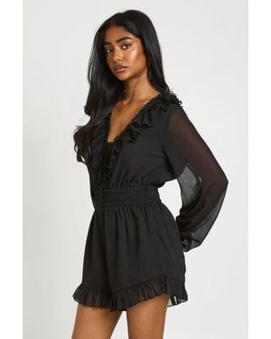 Boohoo Ruffle Detail Textured Chiffon Playsuit - Black
