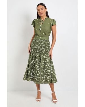 Wallis Polka Dot Ruffle Neck Pleated Midi Dress - Green