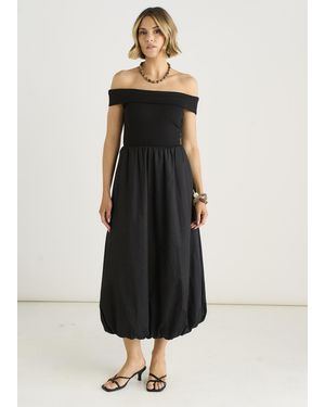 Gini London Bardot Jersey Mix Puff Ball Midi Dress - Black