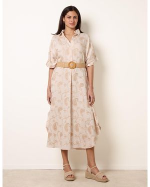 Blue Vanilla Tunic Style Button Front Dress With Paisley Embroidery - Natural