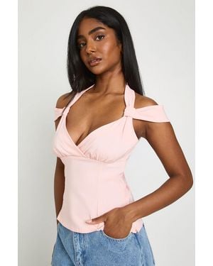 Boohoo Bengaline Halterneck Off The Shoulder Corset Top - Pink