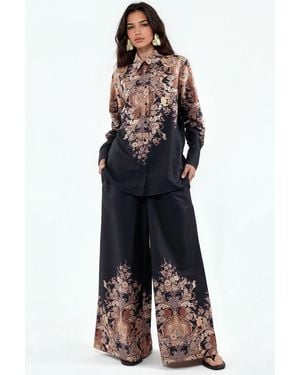 Msn-Collection Floral Cotton-Viscose Blouse And Wide-Leg Trousers Set - Blue