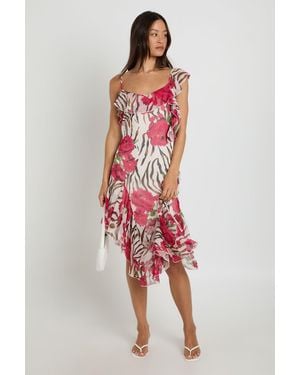 Boohoo Tall Chiffon Ruffle Detail Floral Asymmetric Midi Dress - Red