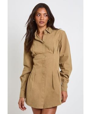Boohoo Tall Collared Long Sleeve Shirt Dress - Natural
