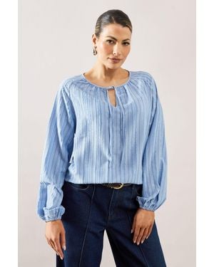 Wallis Embroidered Stripe Tie Front Top - Blue