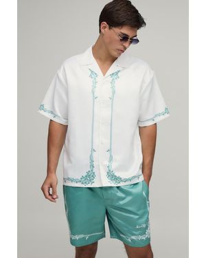 BoohooMAN Oversized Short Sleeve Floral Boarder Print Satin Shirt & Set - White