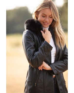 Ashwood Leather Detachable Fur Hood Long Jacket - Black