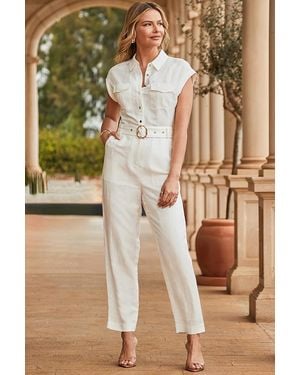 Sosandar Ivory Linen Blend Utility Jumpsuit - Metallic