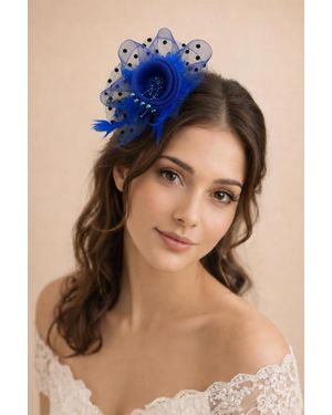 SVNX Rosette Faux Pearl & Polka Veil Feather Fascinator - Blue