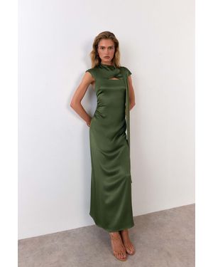 Warehouse Viscose Draped Scarf Detail Cut-Out Midaxi Dress - Green