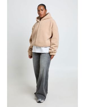 Boohoo Plus Hooded Teddy Bomber Jacket - Natural
