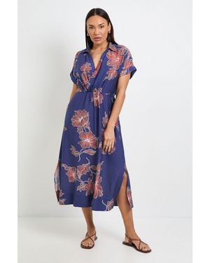 Wallis Floral Woven Collar Midi Dress - Blue
